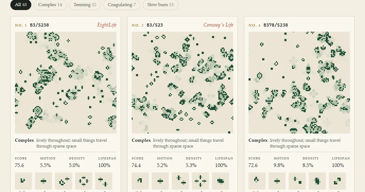 The Rule Safari field guide: EightLife, Conway's Life and B378/S238 running live, each with its score and creatures